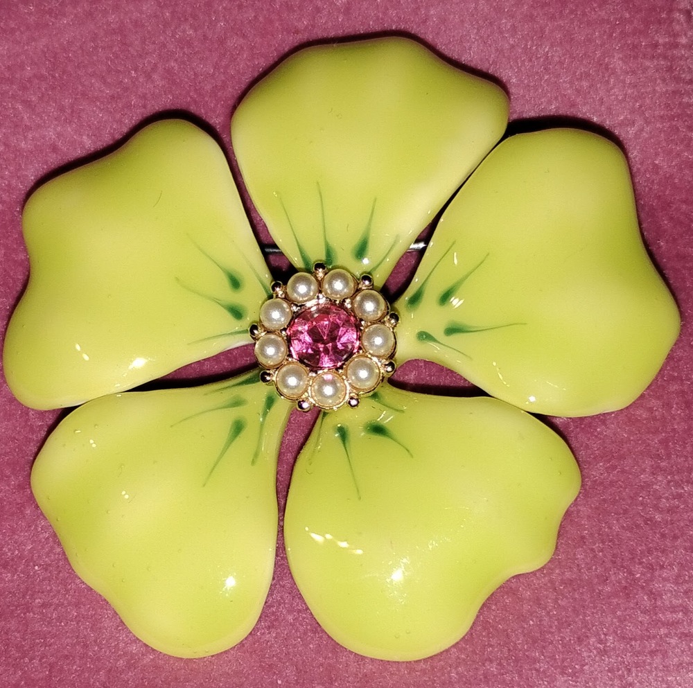 Vtg 60s–70s Chartreuse Enamel Flower Brooch | Pink Rhinestone & Faux Pearl